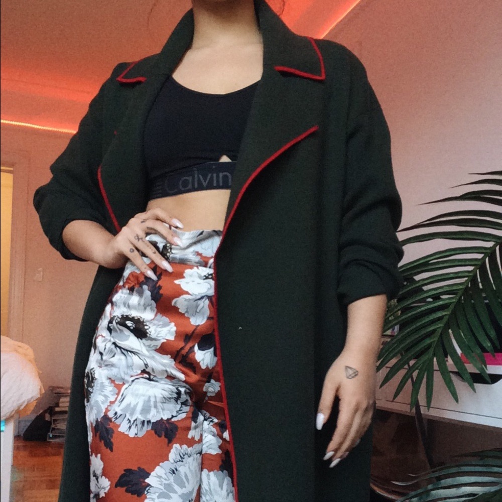 Long forest green cardigan w red lining