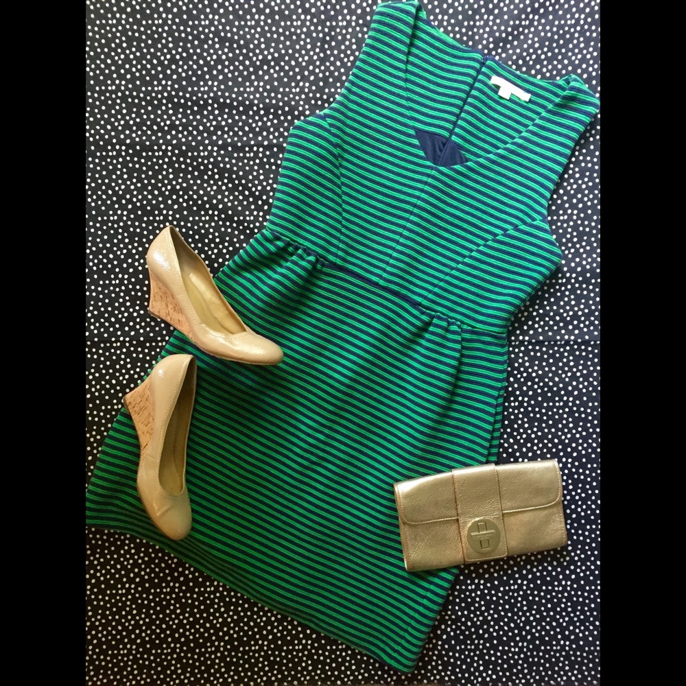 {Boden} Navy and Green Striped Fit and Flare Dress