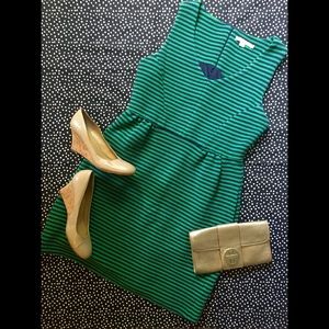 {Boden} Navy and Green Striped Fit and Flare Dress
