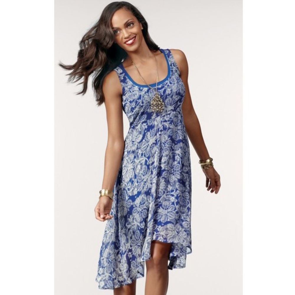 {CAbi} Blue Sheer Floral High-Low Dress