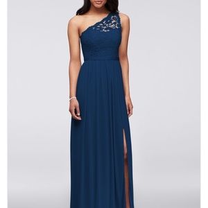 Floor Length One Shoulder Corded Lace Mesh Dress