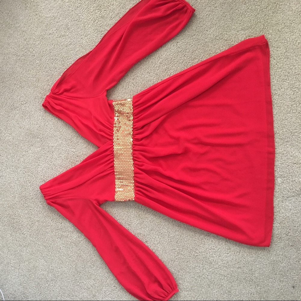 Red and gold v neck long sleeve dress