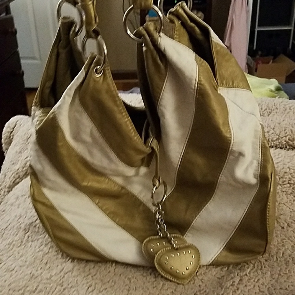 Adorable large bag in gold/bronze & white stripes