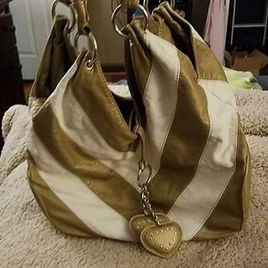 Adorable large bag in gold/bronze & white stripes