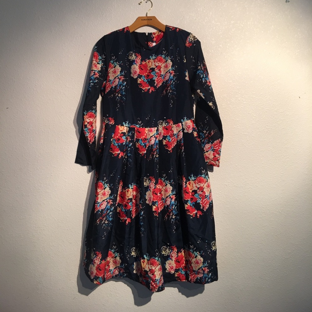 Navy blue floral knee length zip up back dress