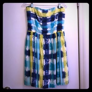 Aqua strapless watercolor check summer sundress