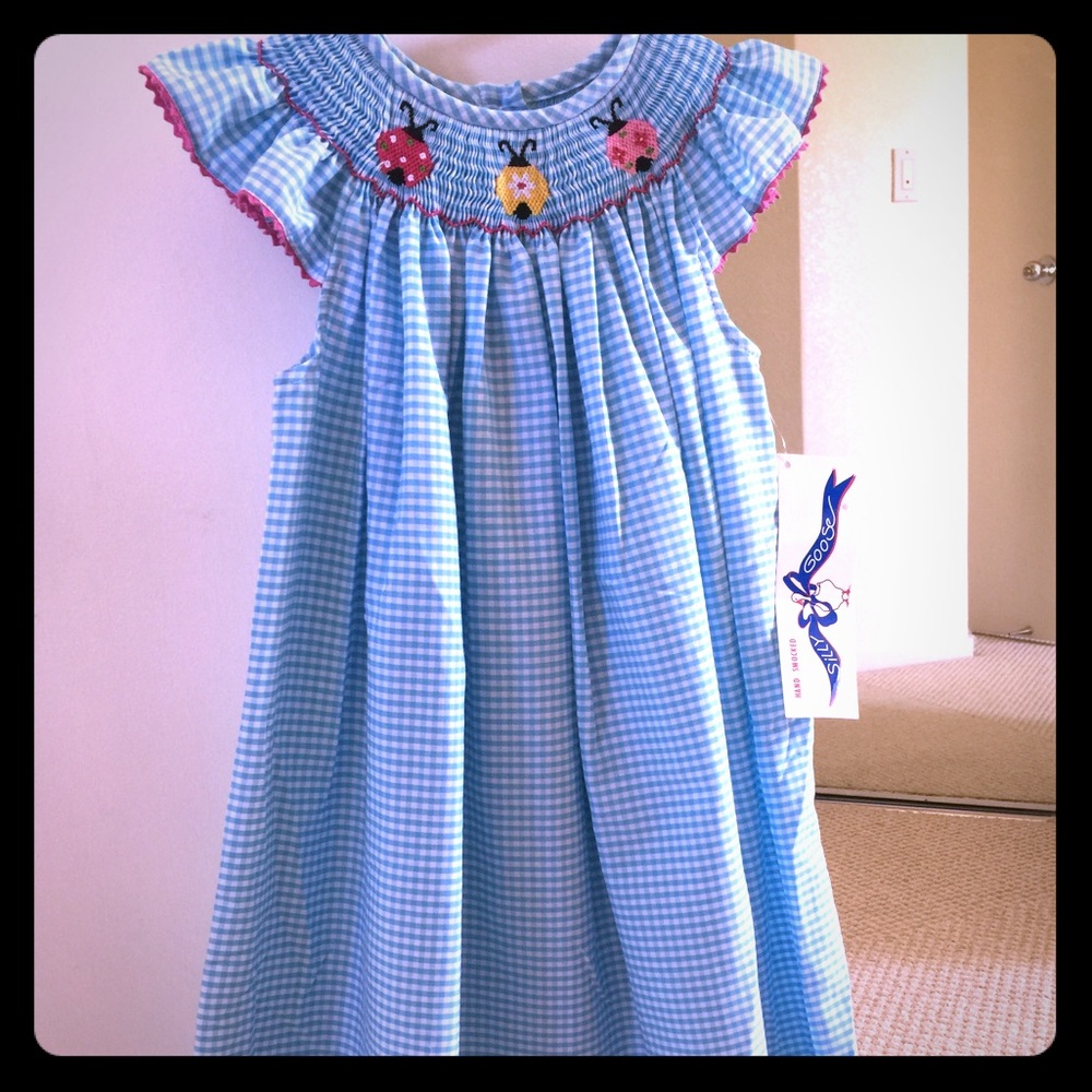 NWT Blue Gingham Smocked Dress with 🐞