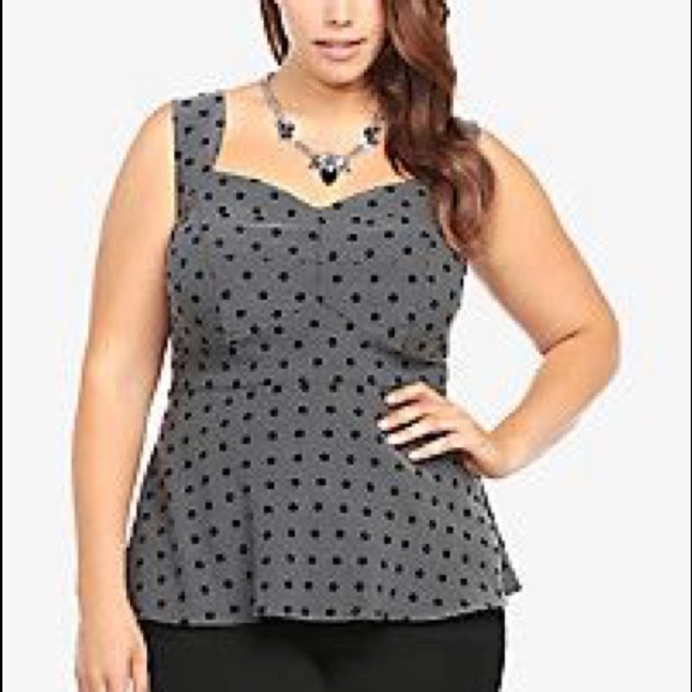 Torrid size 2 black and grey polkadot peplum top.