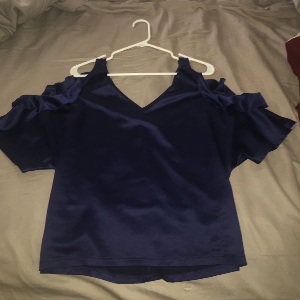 Gorgeous navy blue open shoulder, v neck blouse