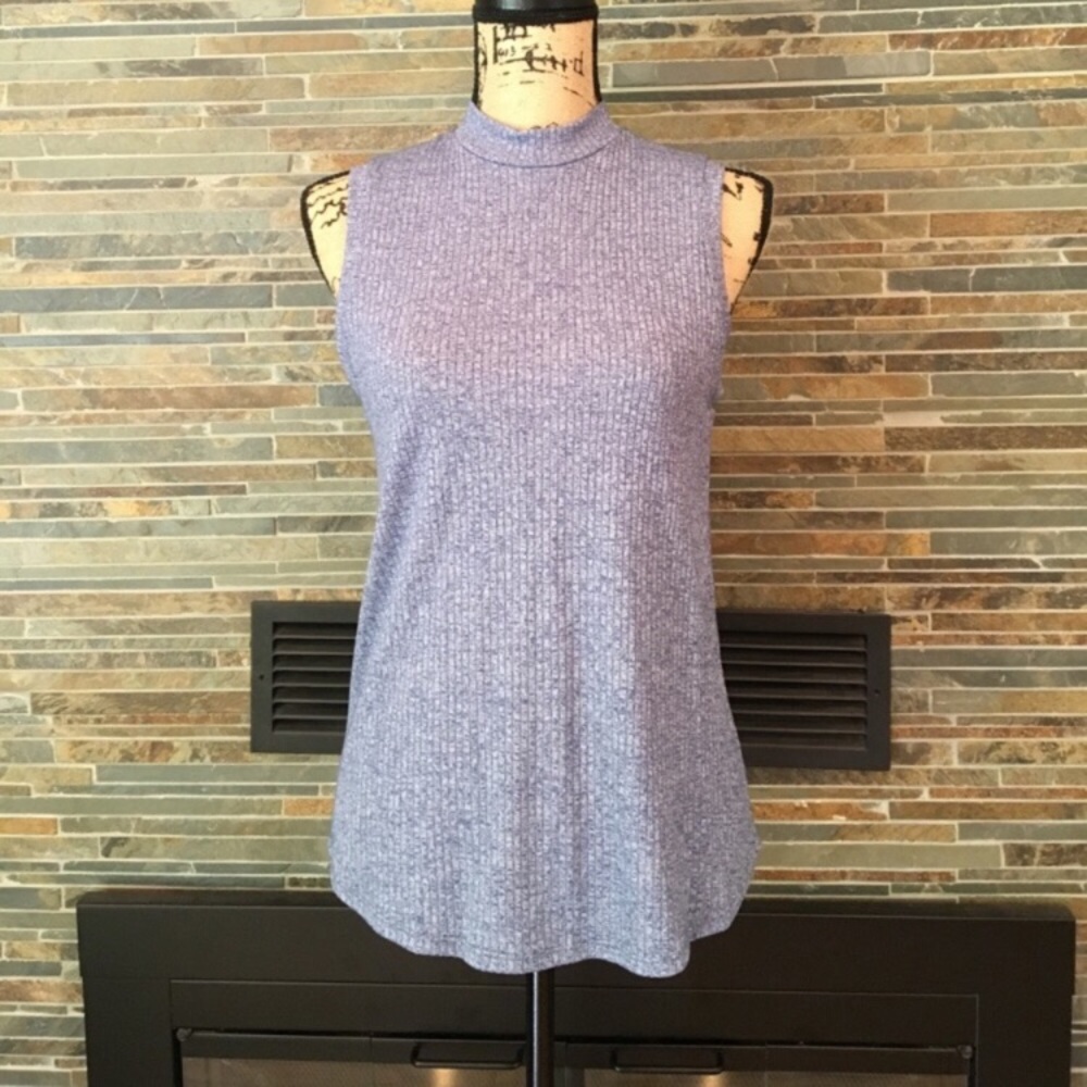 Blue Ribbed Mock Neck Sleeveless Top - Picture 2 of 3