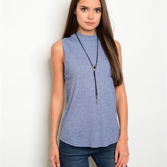 Back2Basics Tops - Blue Ribbed Mock Neck Sleeveless Top