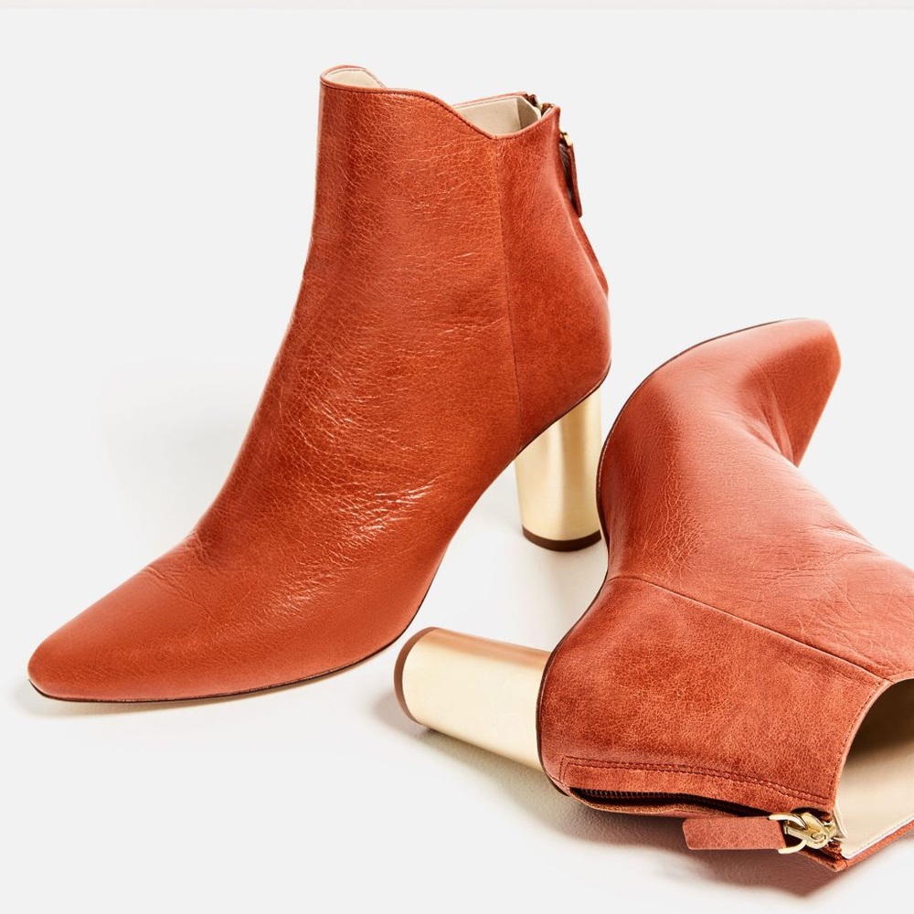 Zara red leather ankle boots with gold heel