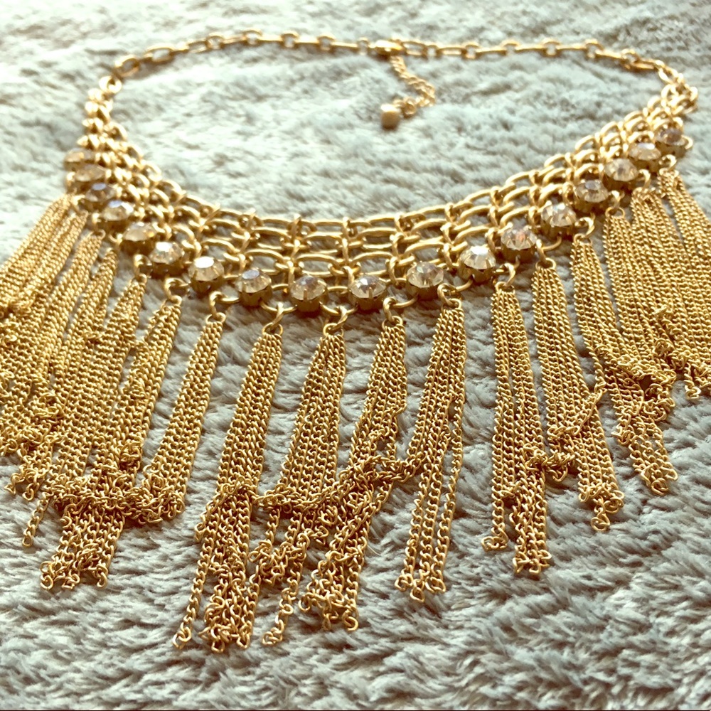 Gold Fringe Necklace with Crystal Accents