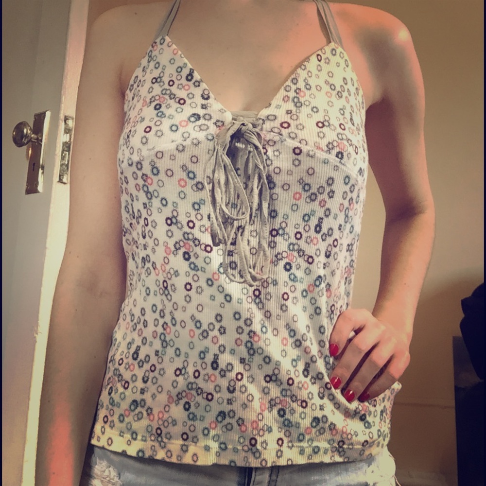 CNC Lace-up White Multi Halter Top XS