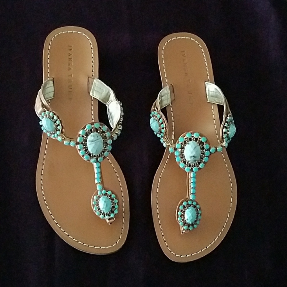 Ivanka Trump Jeweled Turquoise  and Tan Sandals