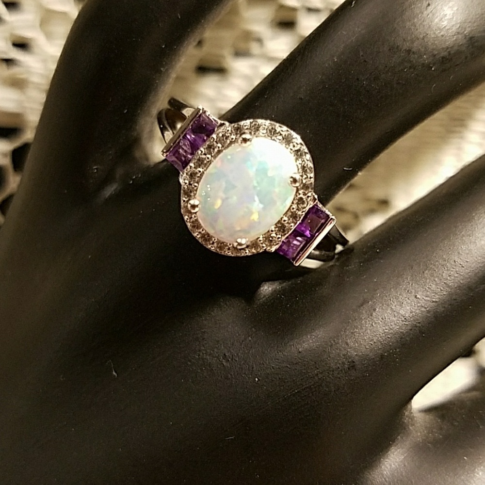 Sterling Silver Lab Created Opal Ring - image 1