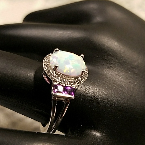 Sterling Silver Lab Created Opal Ring - Picture 2 of 4