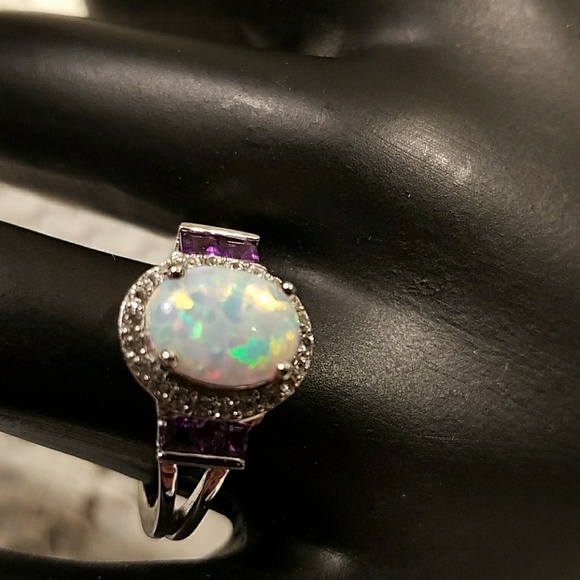 Sterling Silver Lab Created Opal Ring - Picture 3 of 4