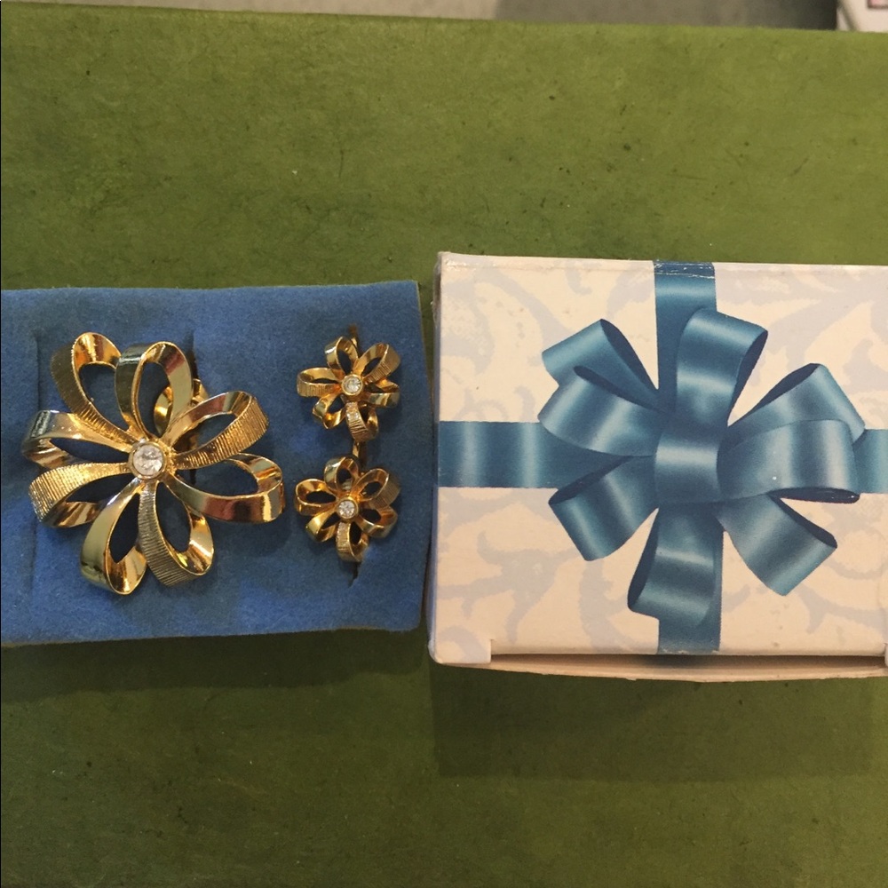 Avon Ribbon Sparkle Gift Set.  Pin and Earrings.