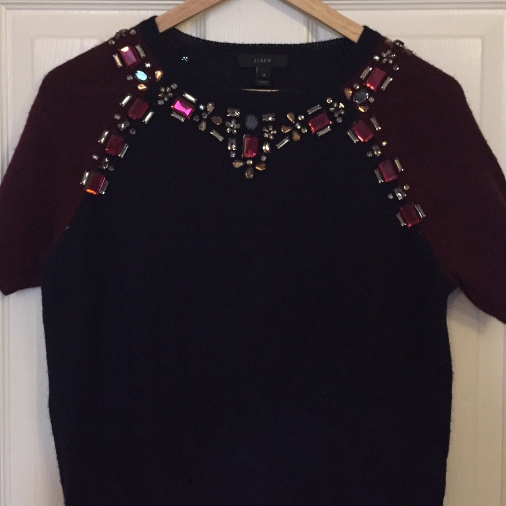 JCREW Navy and Maroon Jeweled short sleeve sweater