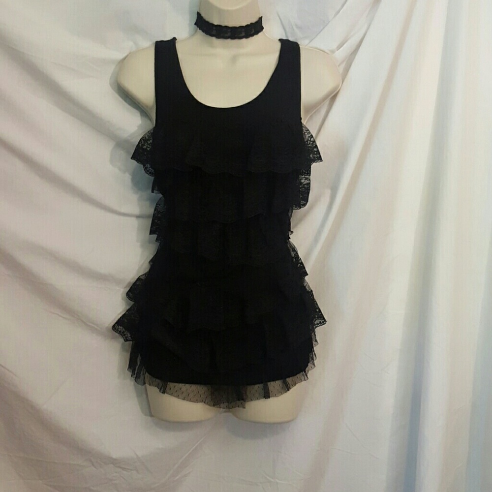 Small black tank longer length ruffled