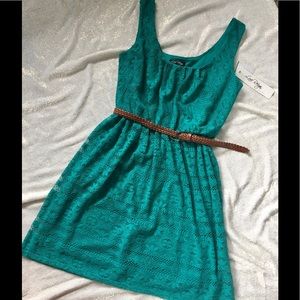 Turquoise Crochet-lace Belted Dress