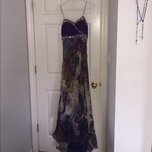 Full length purple paisley prom gown