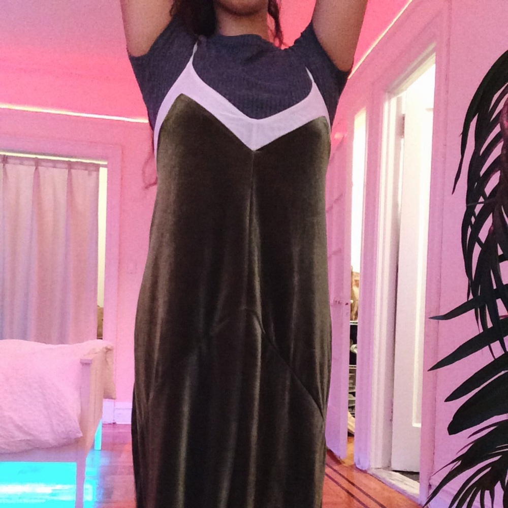 Long olive green velvet slip dress