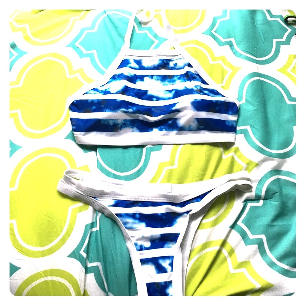 Blue and white strappy cheeky bathing suit