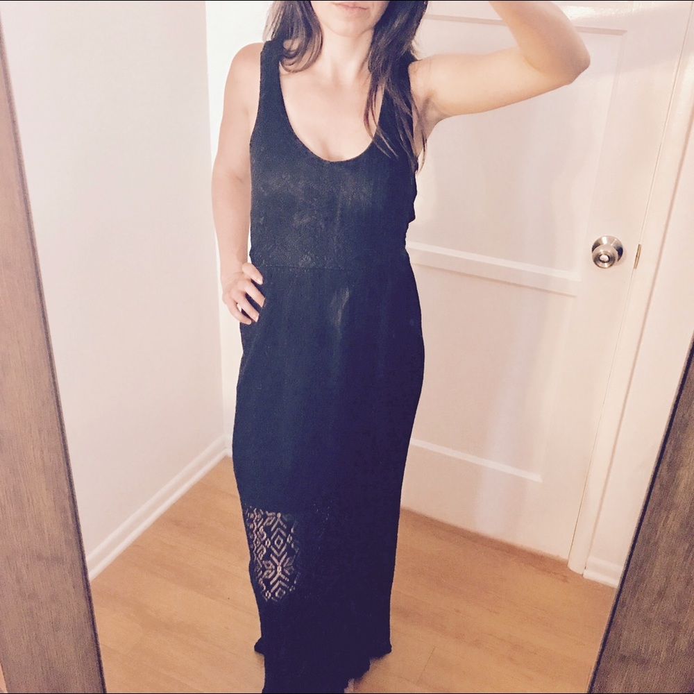 Black lacy mesh maxi dress with partial slip