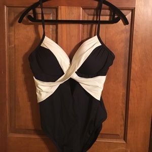 Black and cream criss-cross one piece bathing suit