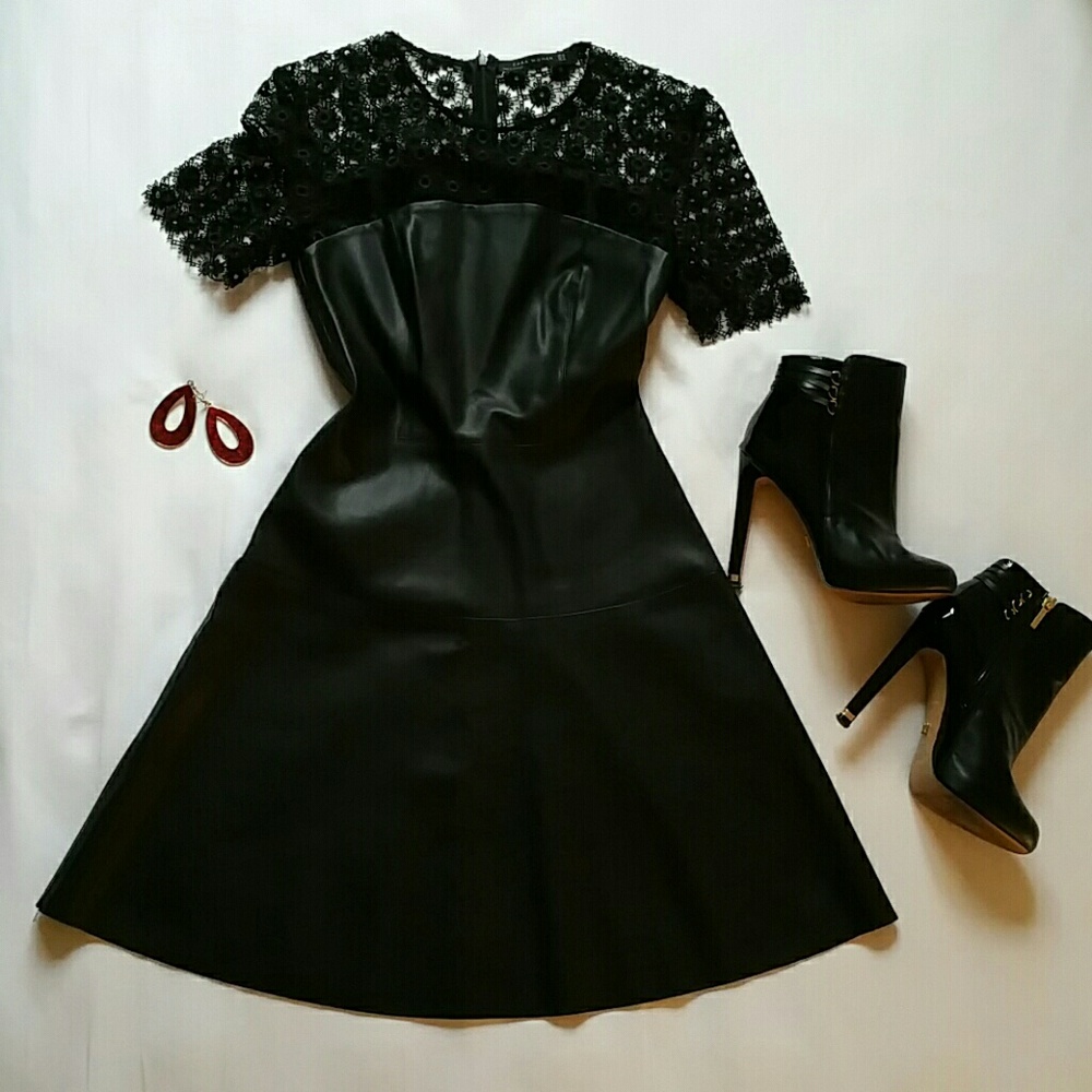Zara fit and flare faux leather and lace dress