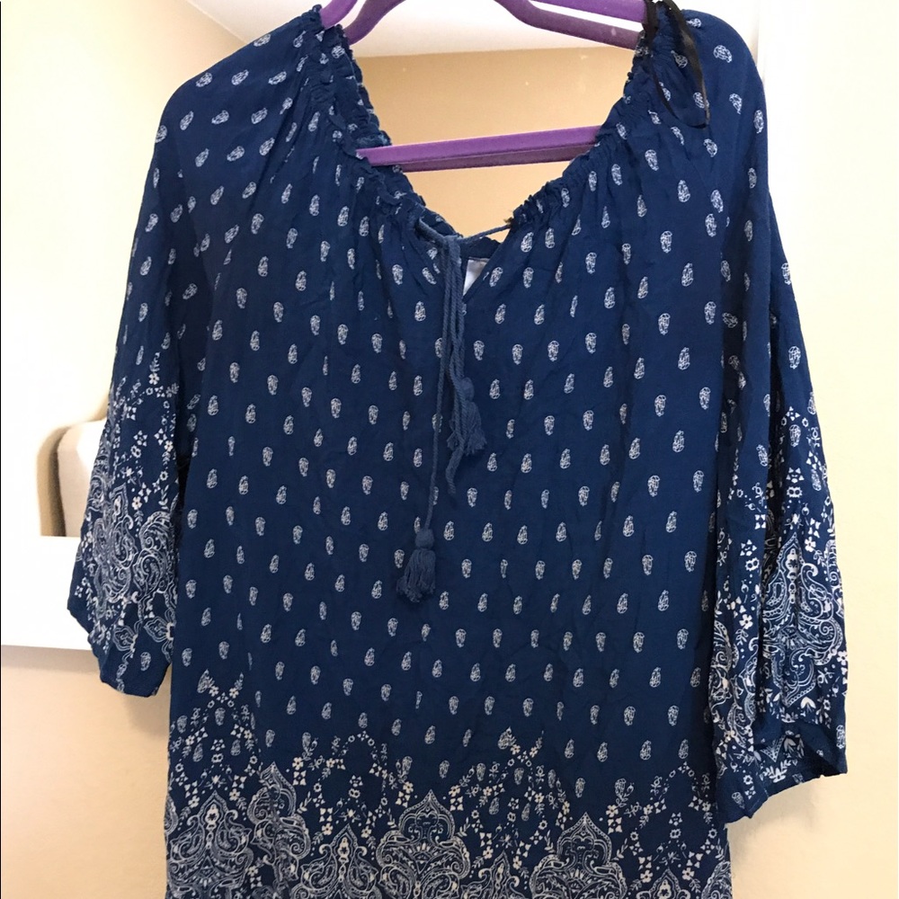 Blue paisley off the shoulder tunic