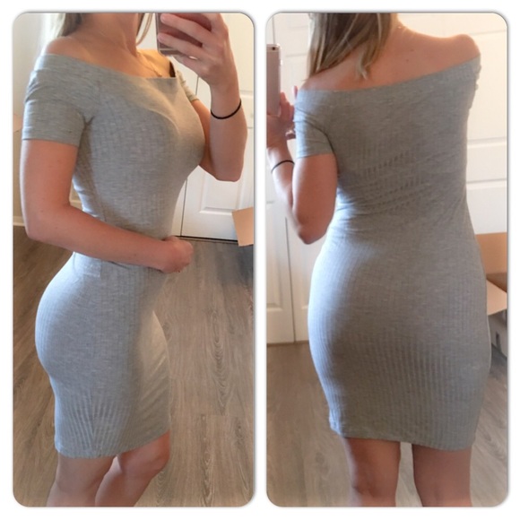 Gray Off Shoulder Ribbed Dress - Picture 2 of 3