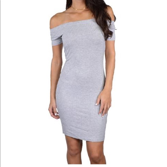 Gray Off Shoulder Ribbed Dress - Picture 3 of 3