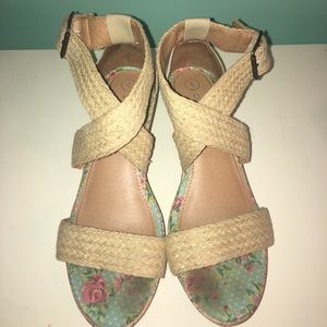Tan and gold woven open toe wedge sandal