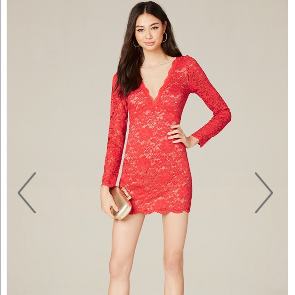 Red lace mini Bebe dress long sleeve mesh