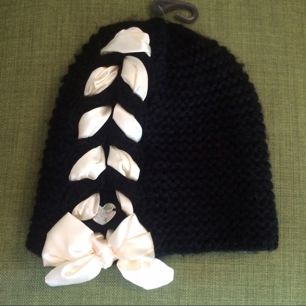 Betsey Johnson hat: black with white satin ribbon