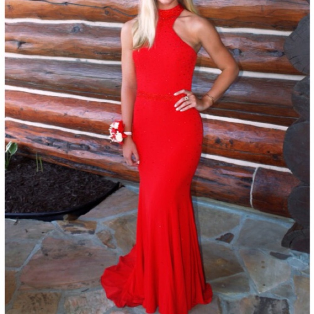 Jovani Red High Neck Jersey Dress