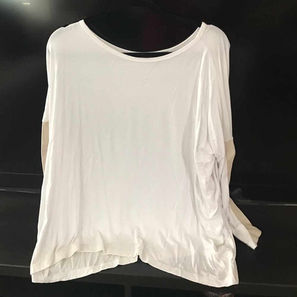 White Red23 blouse with tan leather sleeves