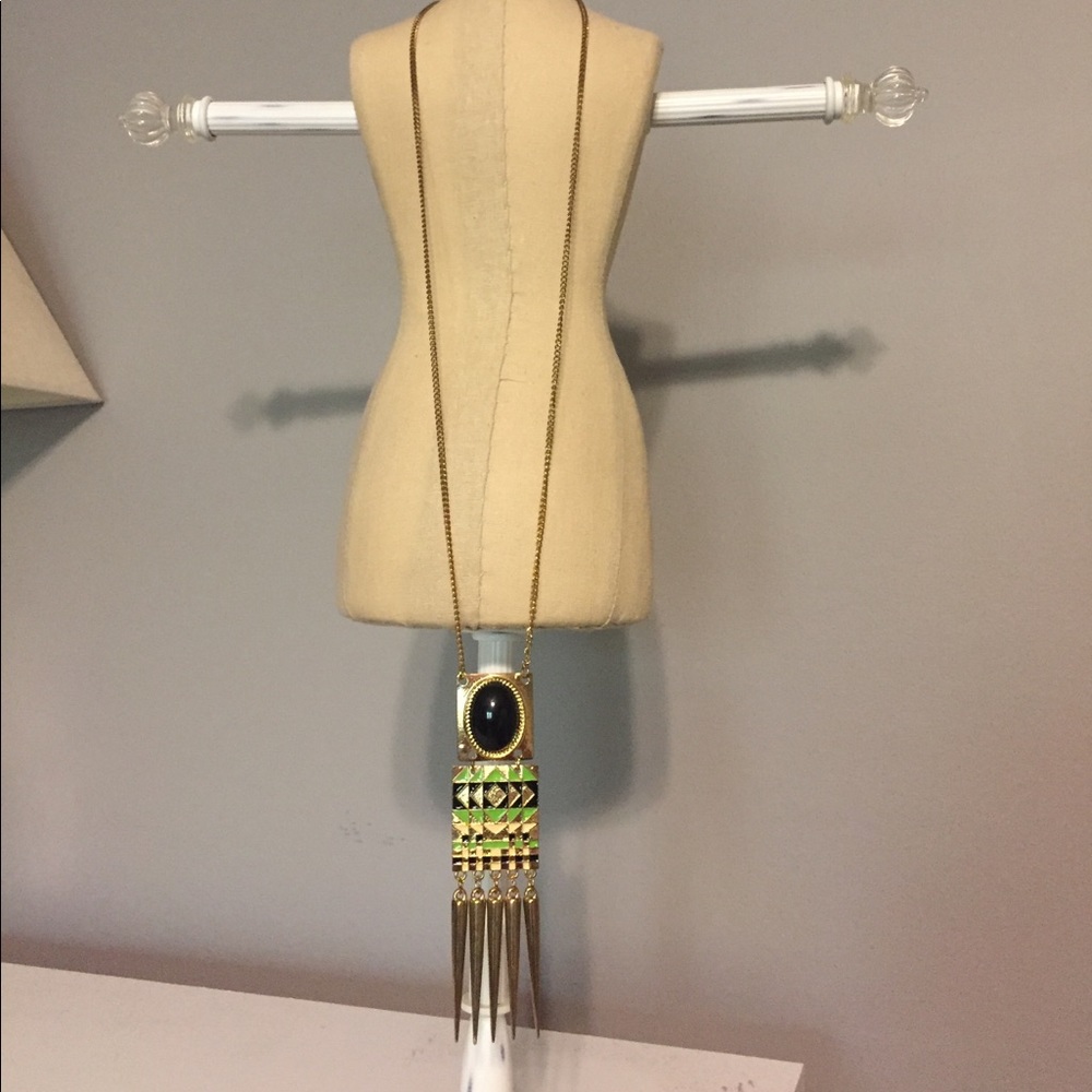 Long gold/black/lime green necklace