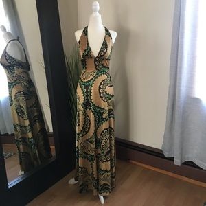 Peacock printed halter maxi dress.