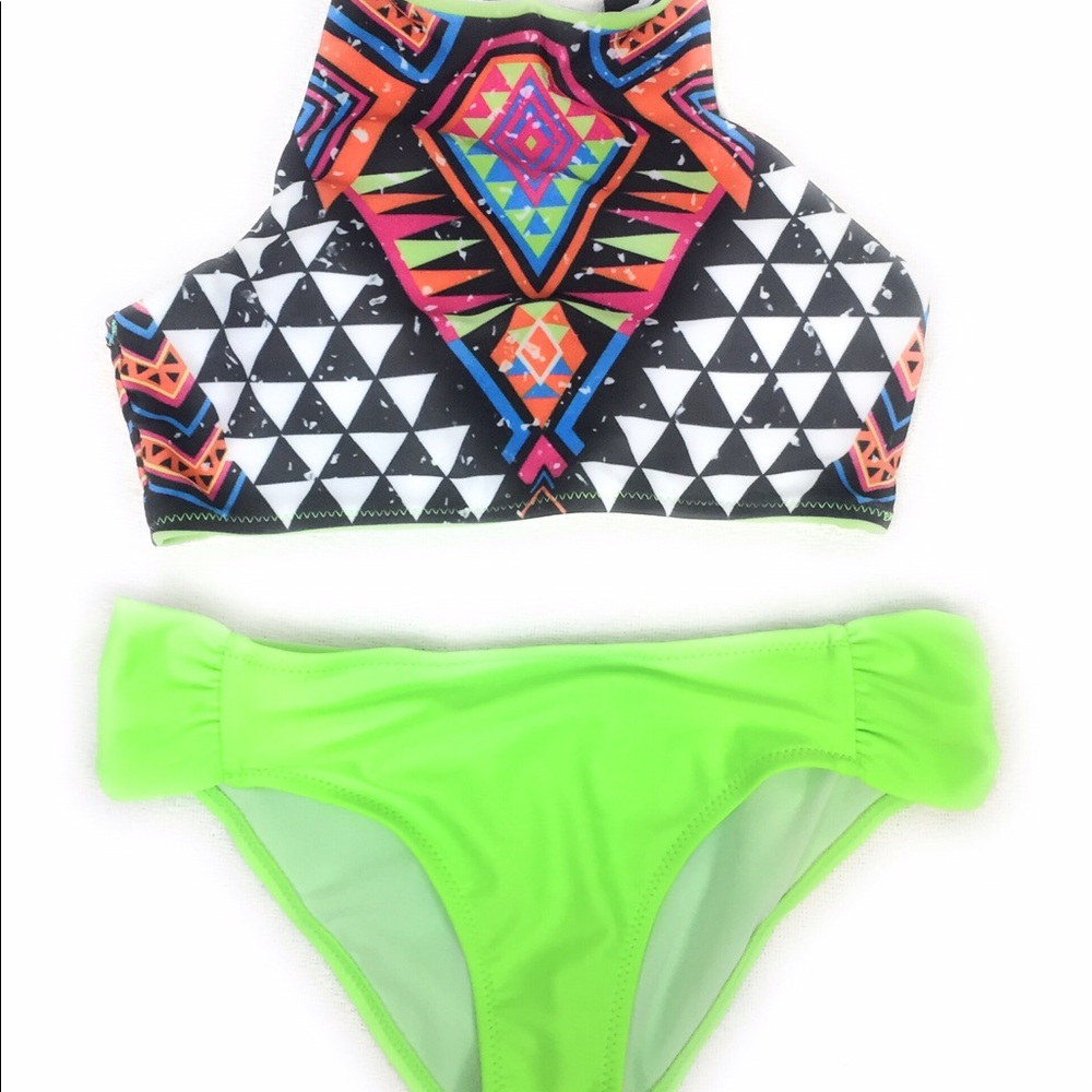 Geometric and neon two piece bikini set swimwear