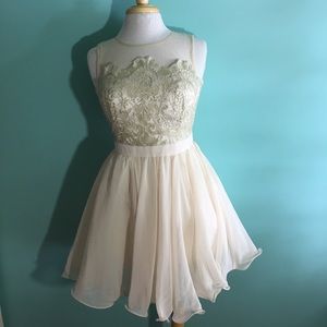 Chi Chi of London Cream Chiffon/Gold Lace Dress