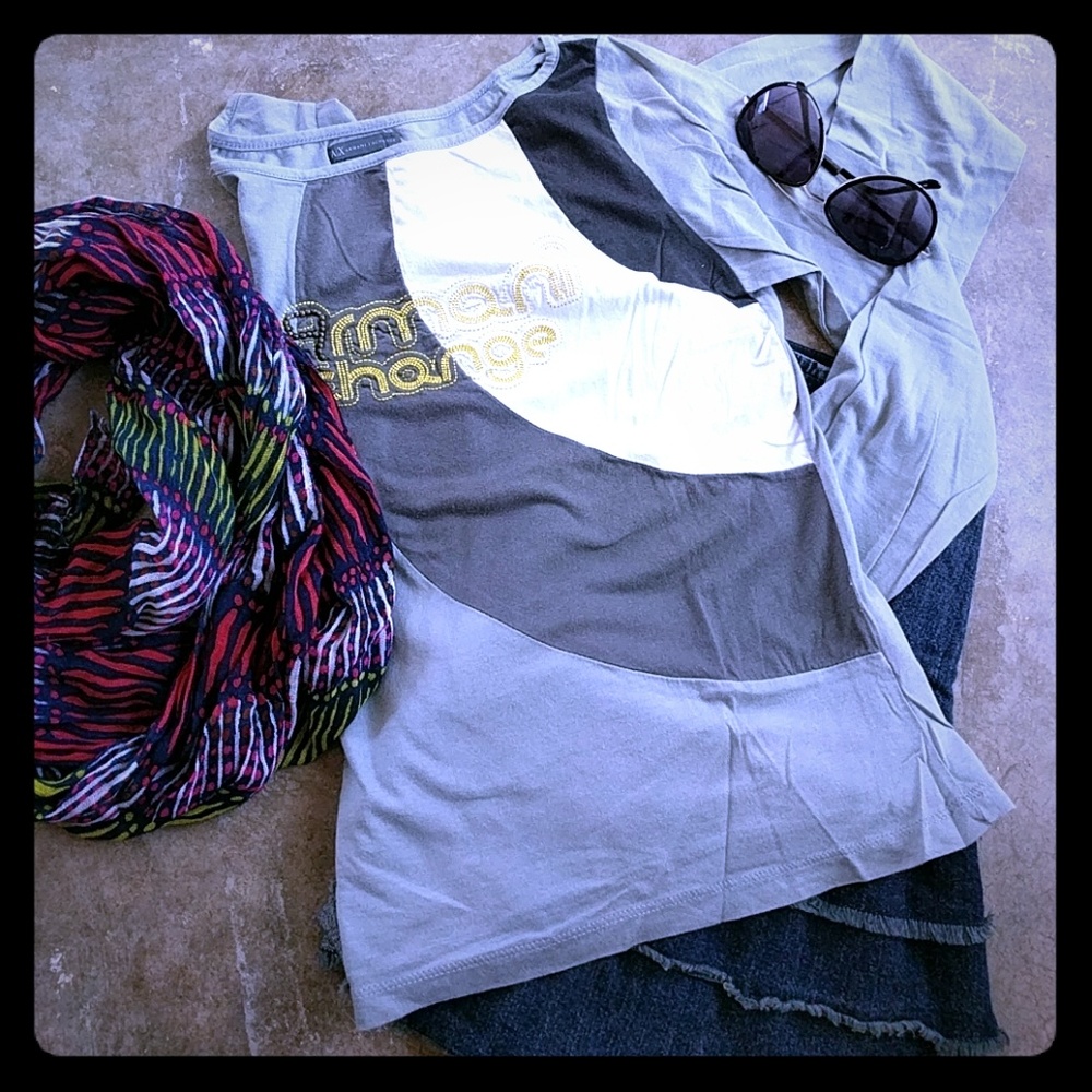 Gray long sleeved wide neck Armani Exchange tee
