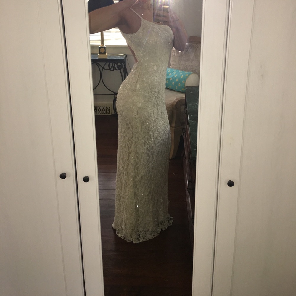 Mia Bella Couture Beaded White Gown. Open back