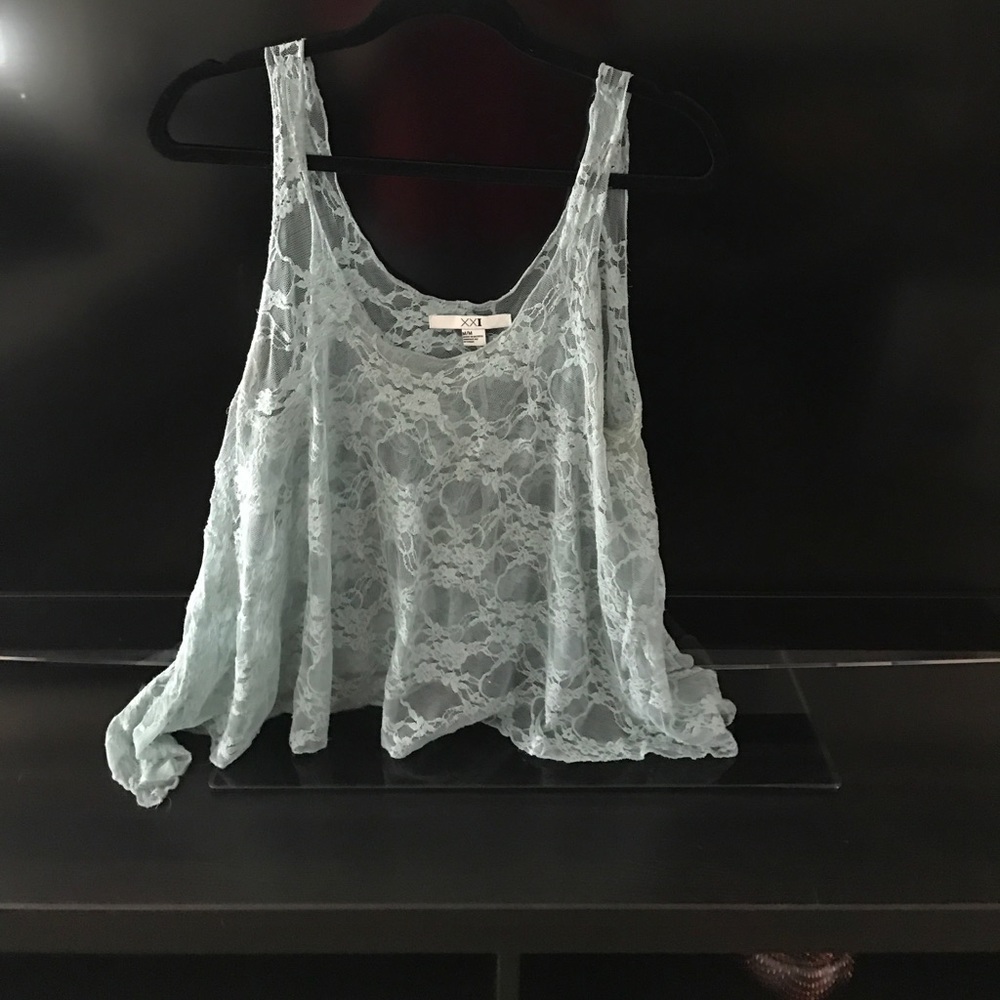 Sheer floral aqua scoop neck tank top