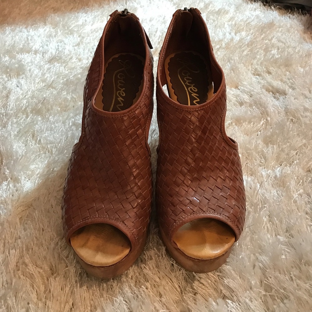 Rowen woven brown leather and wood wedges
