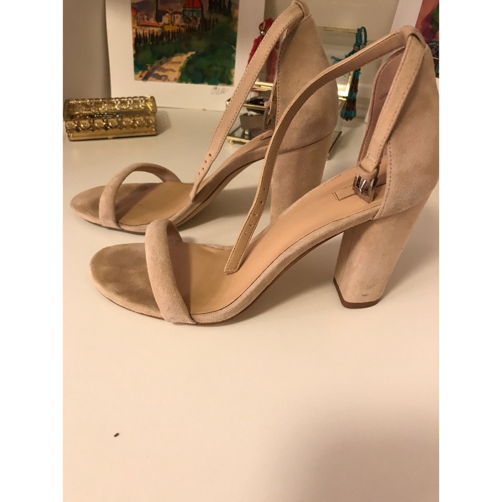 Nude/beige suede ankle strap heeled sandals