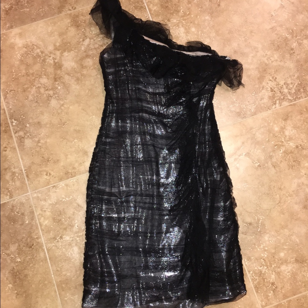 BCBG One-Shoulder Black & Metallic Cocktail Dress